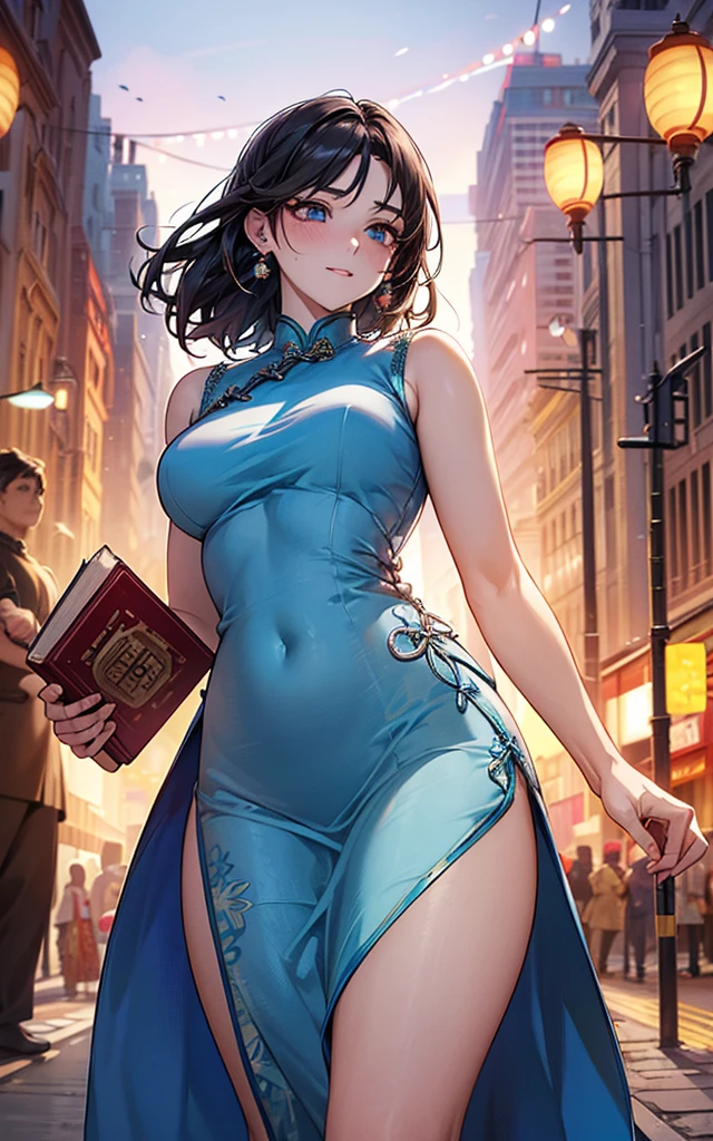 Positive Focus、top-quality、hight resolution、super precision、8K、(One woman)、(((extra detailed face)))、8 head body、
Colorful、Fine skin、Deep slit、off shoulders、
Beautie、Bright expression、Surprised、red blush、plump eyes、Eyes sparkle、Excited、
(((Luxury cheongsam)))、(((light blue cheongsam dress)))、ample breasts、thighs thighs thighs thighs、Pedras preciosas、
(Photorealistic backgrounds)、(street corner)、(Crowds)、
Watching the viewer、 (Untying hair)、
(((hair adornments)))、(Hide your fingertips)、(((Refers to 5 books)))、 (Composition looking up from a low position)、