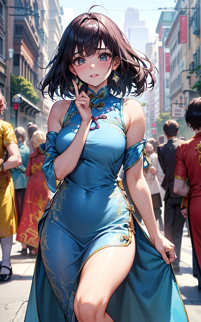Positive Focus、top-quality、hight resolution、super precision、8K、(One woman)、(((extra detailed face)))、8 head body、
Colorful、Fine skin、Deep slit、off shoulders、
Beautie、Bright expression、Surprised、red blush、plump eyes、Eyes sparkle、Excited、
(((Luxury cheongsam)))、(((light blue cheongsam dress)))、ample breasts、thighs thighs thighs thighs、Pedras preciosas、
(Photorealistic backgrounds)、(street corner)、(Crowds)、
Watching the viewer、 (Untying hair)、
(((hair adornments)))、(Hide your fingertips)、(((Refers to 5 books)))、 (Composition looking up from a low position)、