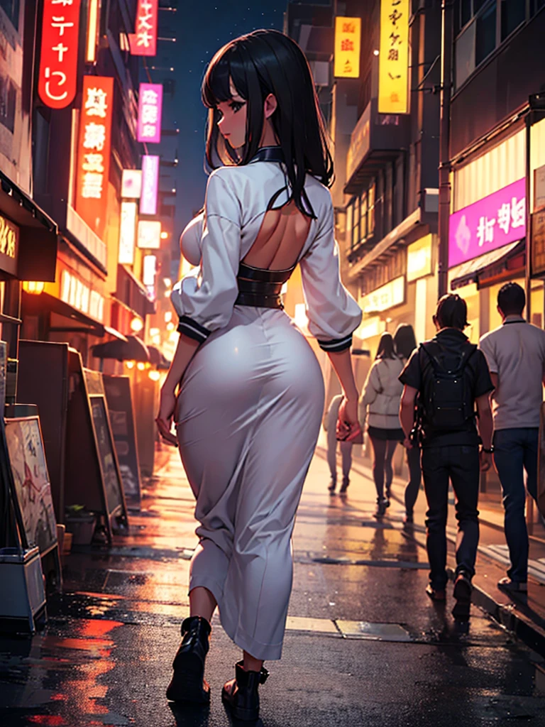(masterpiece、top-quality、hight resolution、Unity 8k Wallpaper、extremely details CG:1), The focus is on the back of the prostitute leading the way through the nighttime entertainment district, and her figure is the star of the show. She walks confidently forward, not looking back. The camera is from the perspective of a man walking behind her. A sexually attractive and seductive back view. nsfw