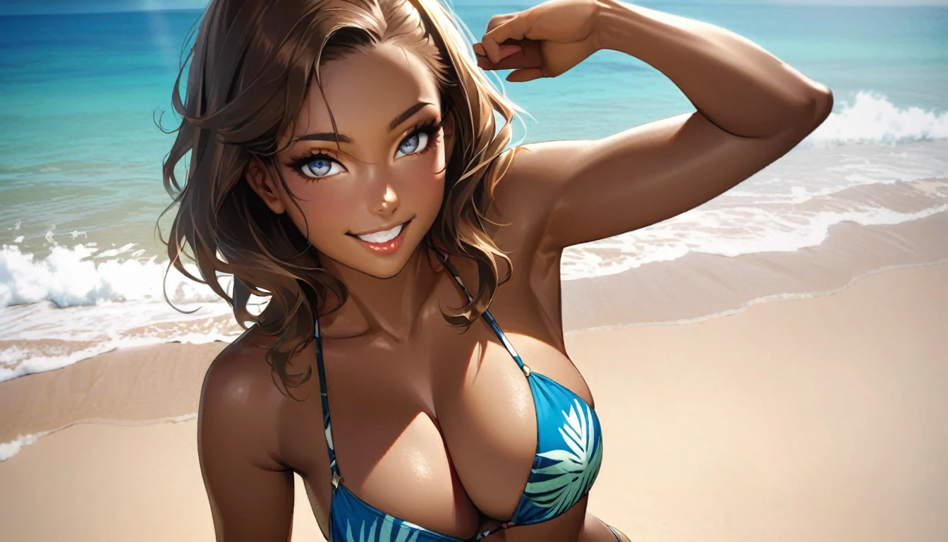 16 year old girl with a realistic smile、(Detailed face, Perfect Face, Perfect Eyes, Realistic eyes),bikini、Emphasize cleavage、sexy brown skin tone、Sexy pose、Tropical Beach
