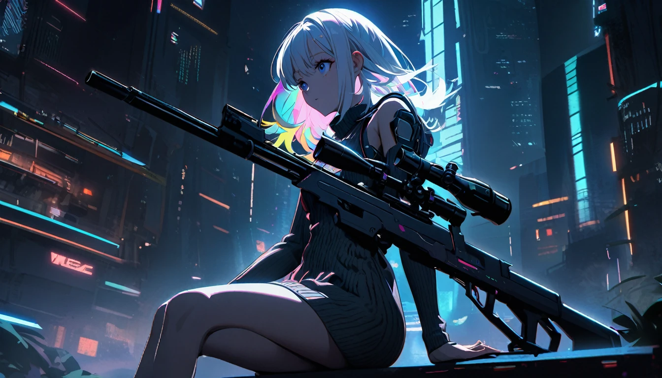 Handsome cute, Solitary, 1 female, Medium Length Hair, white hair, Rainbow hair, blue Eyes, Rainbow headphone, knit dress, Futuristic, Cyberpunk, Cybernetics panoramic, in the night, looking away, Sitting, holding weapon, sniper rifle,