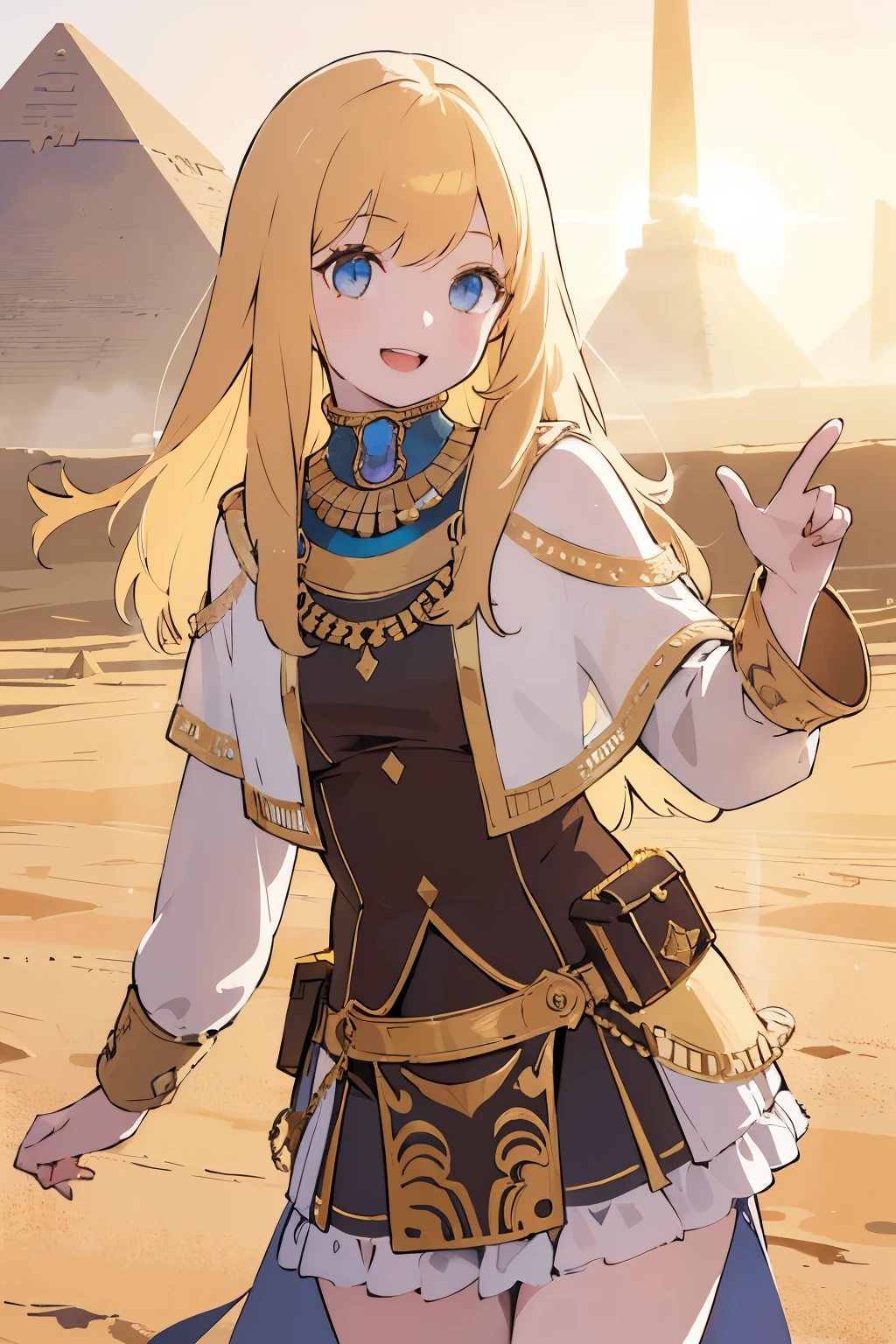 a young girl visiting the egyptian pyramids, smiling, adventurous style, energetic, highly detailed, photorealistic, 8k, hyperrealistic, extremely detailed, cinematic lighting, warm color tones, dramatic shadows, ornate jewelry, intricate clothing details, confident pose, dynamic composition, golden hour lighting, volumetric fog, atmospheric haze