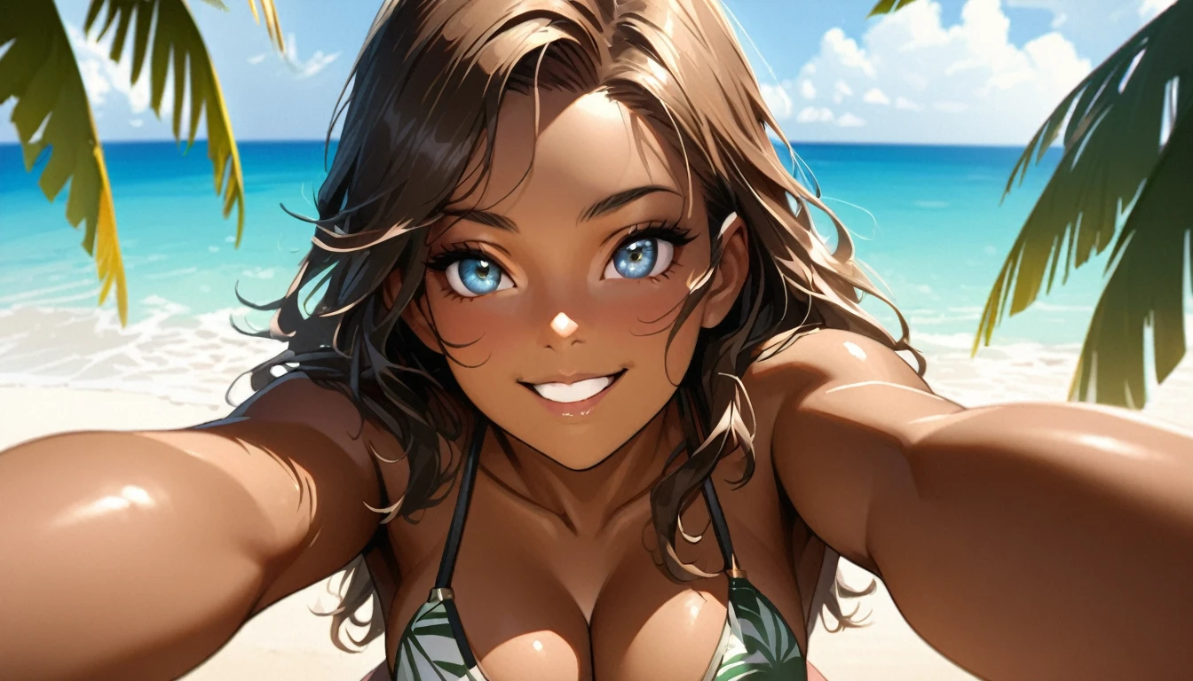 16 year old girl with a realistic smile、(Detailed face, Perfect Face, Perfect Eyes, Realistic eyes),bikini、Emphasize cleavage、sexy brown skin tone、Sexy pose、Tropical Beach