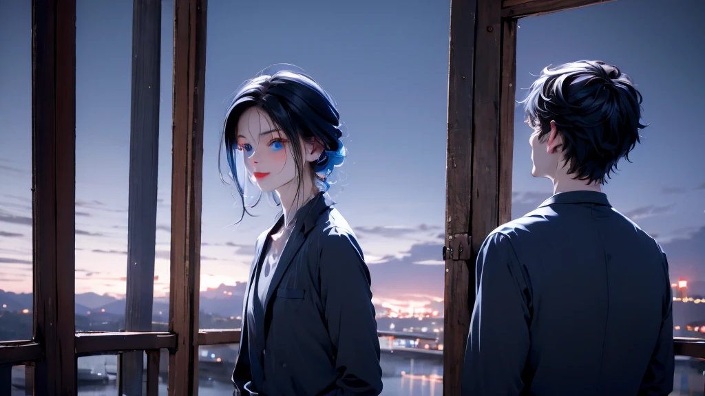 1 Boy&Girl , Boy medium light black hair, Girl medium light Blue hair, light blue eyes, wearing black suit, night city, 18+ , high res, ultrasharp, 8K, masterpiece, looking from behind