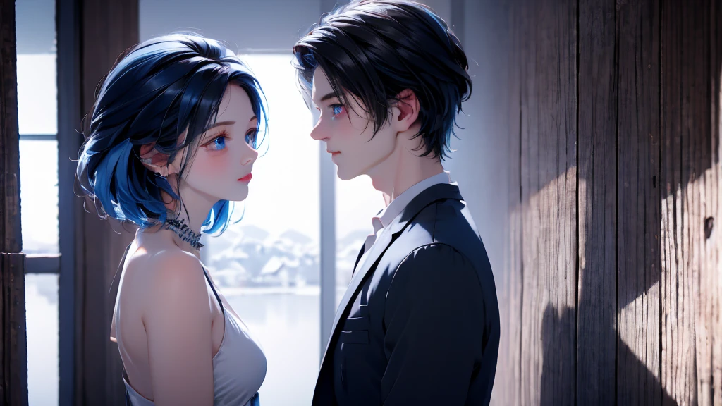 1 Boy&Girl , Boy medium light black hair, Girl medium light Blue hair, light blue eyes, wearing black suit, night city, 18+ , high res, ultrasharp, 8K, masterpiece, looking from behind