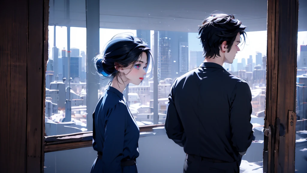 1 Boy&Girl , Boy medium light black hair, Girl medium light Blue hair, light blue eyes, wearing black suit, night city, , high res, ultrasharp, 8K, masterpiece, looking from behind