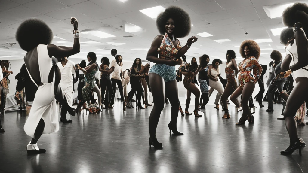 1970s party, beautiful multi-racial women with huge buttocks, dancing, afro, 1970s attire, disco floor, 35mm, depth of field, cinematic lighting, reflection light, backlighting, masterpiece, anatomically correct, textured skin