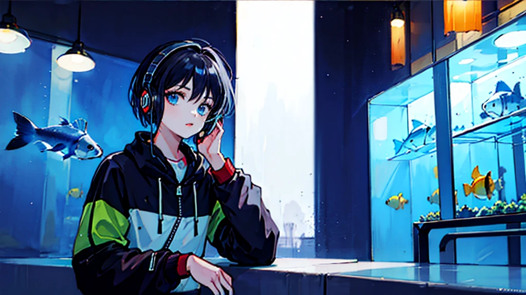 Black short Hair, night, black jacket, One Woman, street, aquarium, Headphones