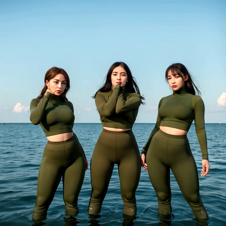Three women in army green outfits posing for a picture, a colorized photo inspired by Vanessa Beecroft, trending on cg society, digital,big art, thicc, tight outfit, thick thigs, tight attire, tight fit, wearing military outfit, militaristic!!!, thick, varying thickness, wearing tight suit, miltary, perfect military composure, army, thick body, standup take photo in the boat on the sea background Beach