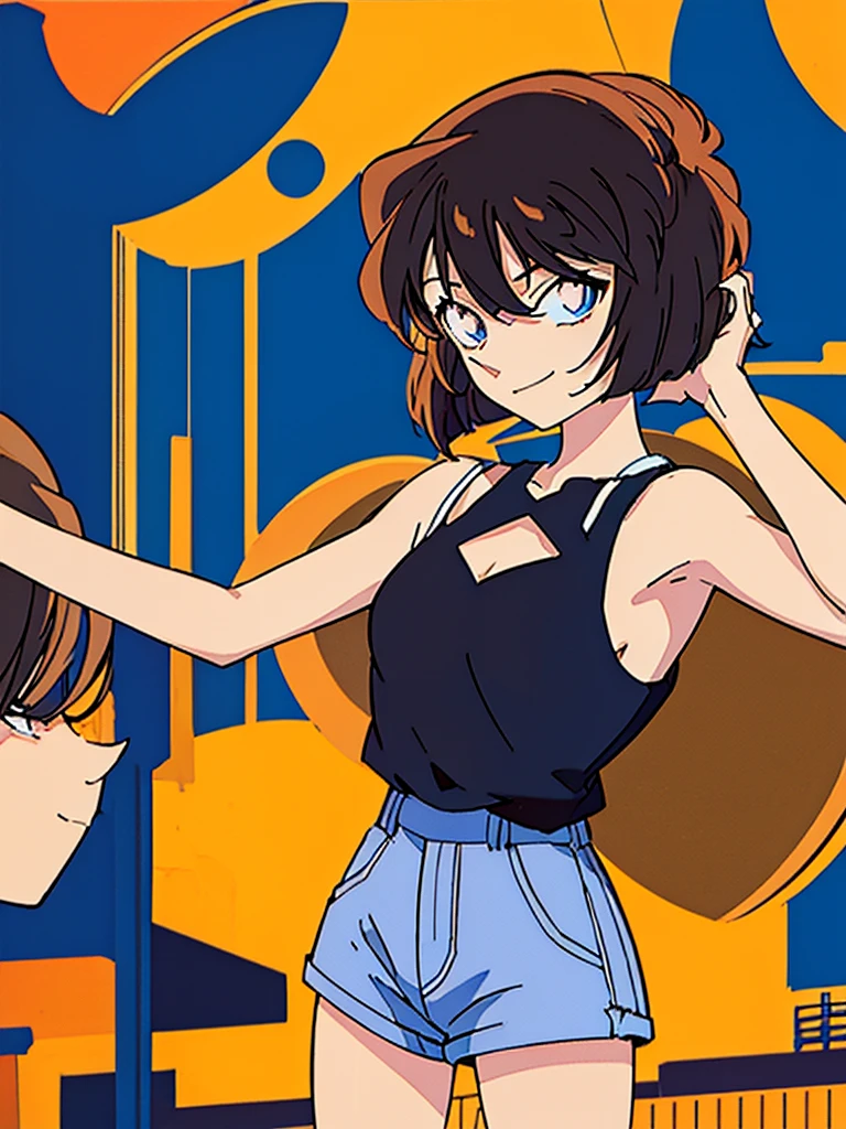 anime style, (1girl in, Solo:1.0), (Haibara Ai), ((Short pants)), (((Big eyes))), (Cute anime girl head), (flat chest),looking at viewer,With a height of 100cm, shoot from front, (head shot), soft smile、happy smile