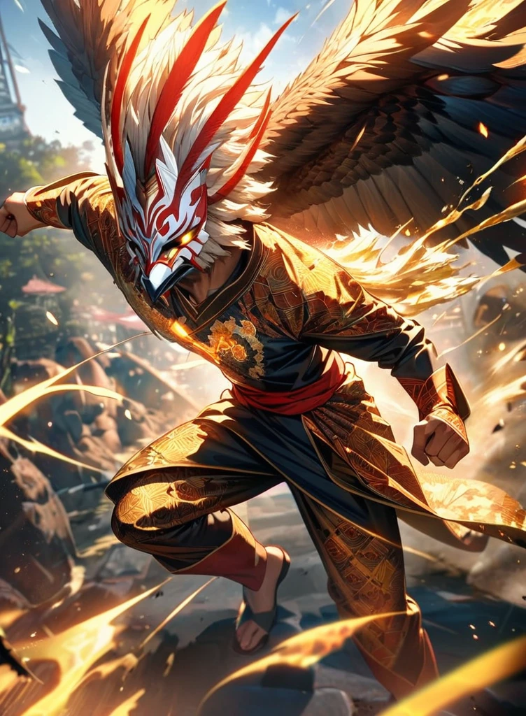 Full body view,absurdres, highres, ultra detailed, HDR, masterpiece, extremely detailed face and eyes,Indonesian Super Hero costume,,red and white Garuda costume, Garuda eagle mask, , Indonesia batik pattern , solo, man, handsome, ,, , Epic fight scene, golden splashing effect, golden effect,glowing glitters