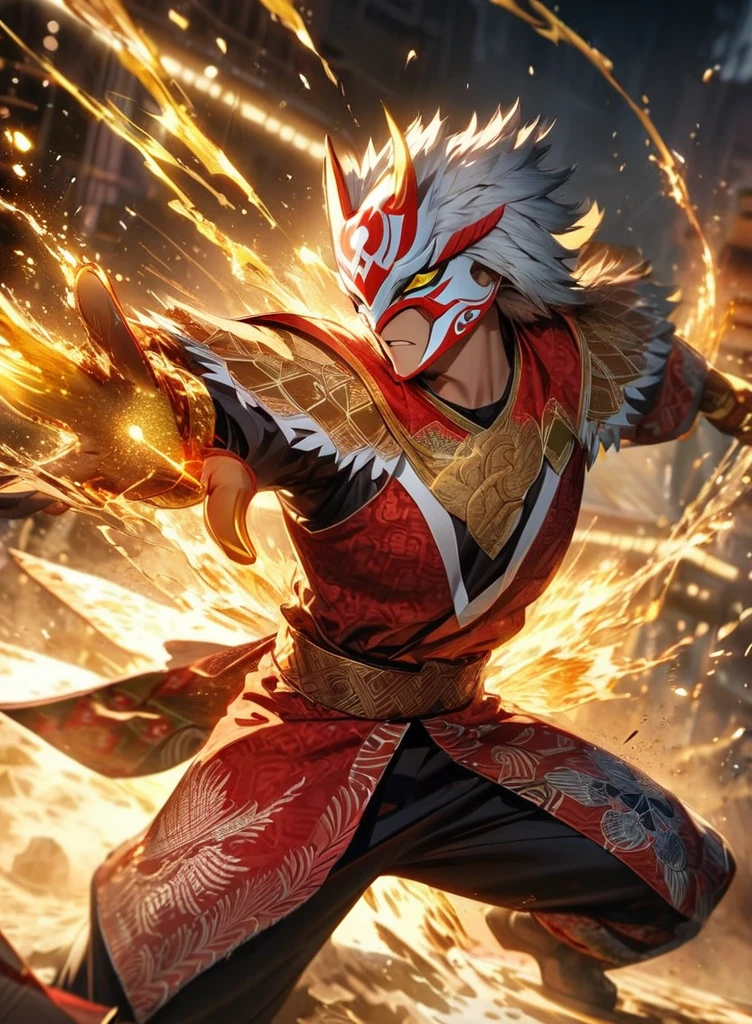 Full body view,absurdres, highres, ultra detailed, HDR, masterpiece, extremely detailed face and eyes,Indonesian Super Hero costume,,red and white Garuda costume, Garuda eagle mask, , Indonesia batik pattern , solo, man, handsome, ,, , Epic fight scene, golden splashing effect, golden effect,glowing glitters