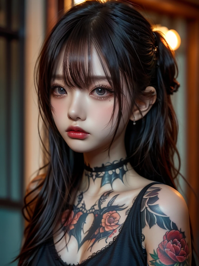 Tattoo Girl, so beautiful, Murderous, good looking, betrayal, anger, Dark Background, 8k, Dynamic Wallpapers, Very delicate, Very dark full body shot、