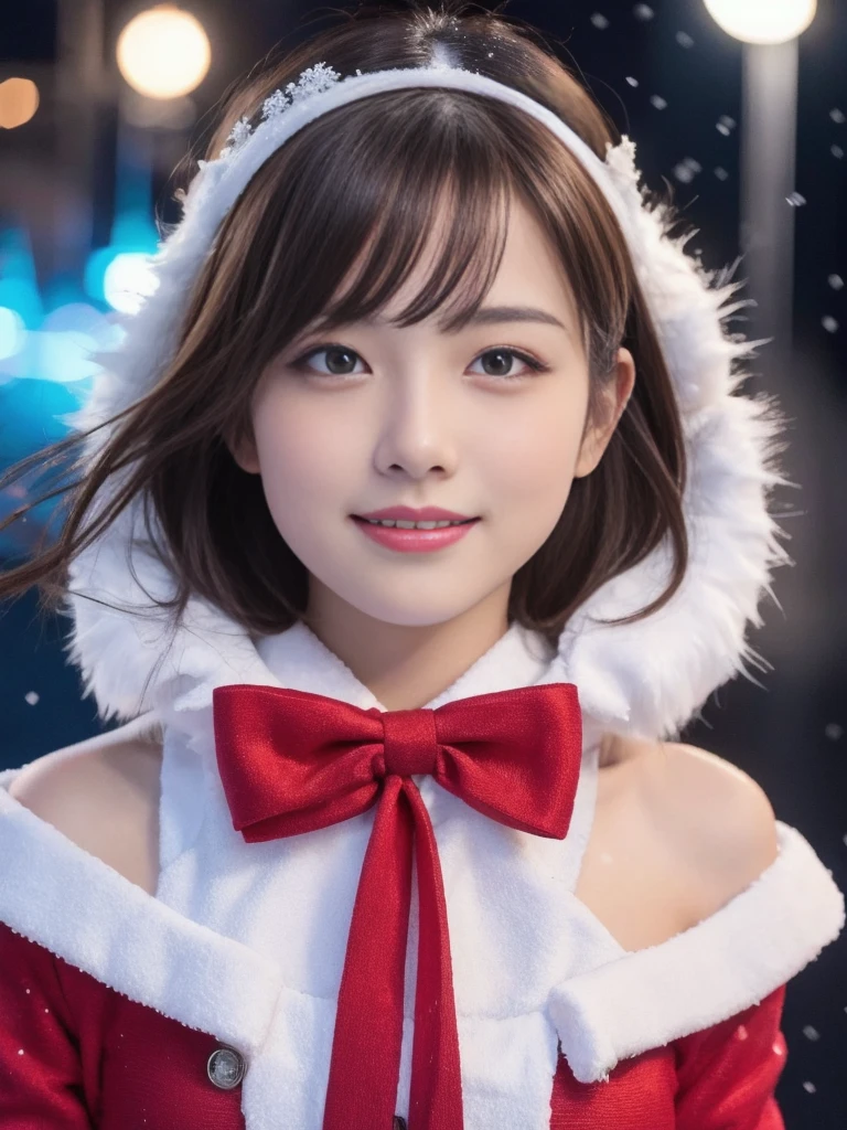 1girl, santa claus costume, symmetry, beautiful cute young girl, slender figure, (ultra short hair:1.5), ultra big smile, (Beautiful large round droped detailed eyes:1.0), beautiful detailed lips, extremely detailed face, natural makeup,Incredibly beautiful skin, (best quality,4k,8k,highres,masterpiece:1.75),(ultra-detailed,realistic,photorealistic,photo-realistic:2.0),professional,vivid colors,studio lighting,snowing night town,christmas eve