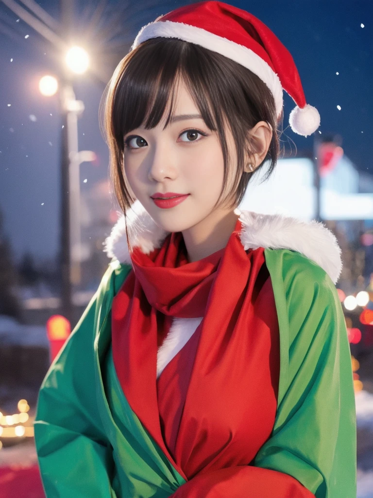 1girl, santa claus costume, symmetry, beautiful cute young girl, slender figure, (ultra short hair:1.5), ultra big smile, (Beautiful large round droped detailed eyes:1.0), beautiful detailed lips, extremely detailed face, natural makeup,Incredibly beautiful skin, (best quality,4k,8k,highres,masterpiece:1.75),(ultra-detailed,realistic,photorealistic,photo-realistic:2.0),professional,vivid colors,studio lighting,snowing night town,christmas eve