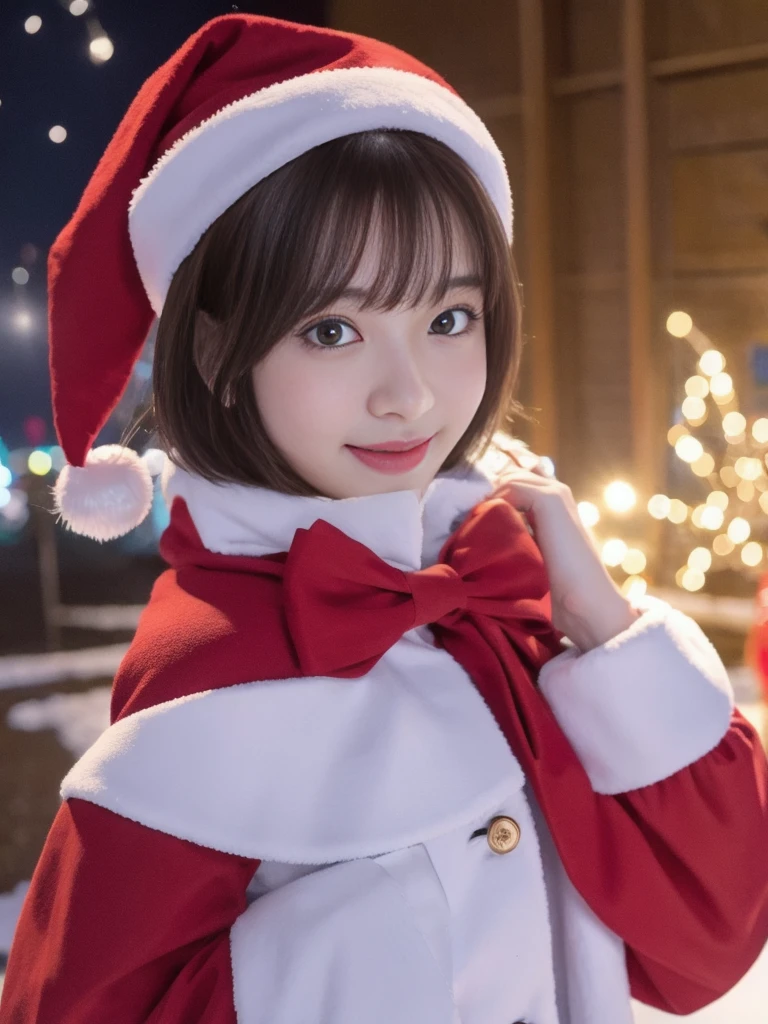 1girl, santa claus costume, symmetry, beautiful cute young girl, slender figure, (ultra short hair:1.5), ultra big smile, (Beautiful large round droped detailed eyes:1.0), beautiful detailed lips, extremely detailed face, natural makeup,Incredibly beautiful skin, (best quality,4k,8k,highres,masterpiece:1.75),(ultra-detailed,realistic,photorealistic,photo-realistic:2.0),professional,vivid colors,studio lighting,snowing night town,christmas eve