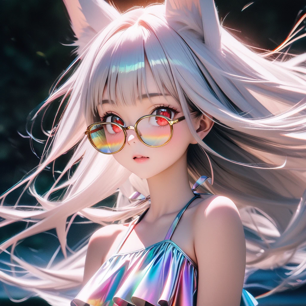 best quality, 8k, original photo, Ridiculous, Extremely detailed, Fox ears,baby face, No makeup, Gentle and focused, slim, Perfect proportion, White straight hair, (wind, wind-effect), Red Eyes, Various visual styles for backgrounds,combines various artistic elements,like a sparkling iridescent rainbow,White Fox Girl,swimsuit,Gold frame glasses