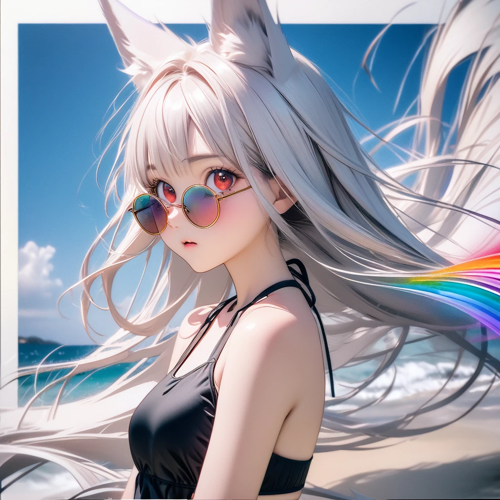 best quality, 8k, original photo, Ridiculous, Extremely detailed, Fox ears，baby face, No makeup, Gentle and focused, slim, Perfect proportion, White straight hair, (wind, wind-effect), Red Eyes, Various visual styles for backgrounds，combines various artistic elements，like a sparkling iridescent rainbow，White Fox Girl，swimsuit，Gold frame glasses