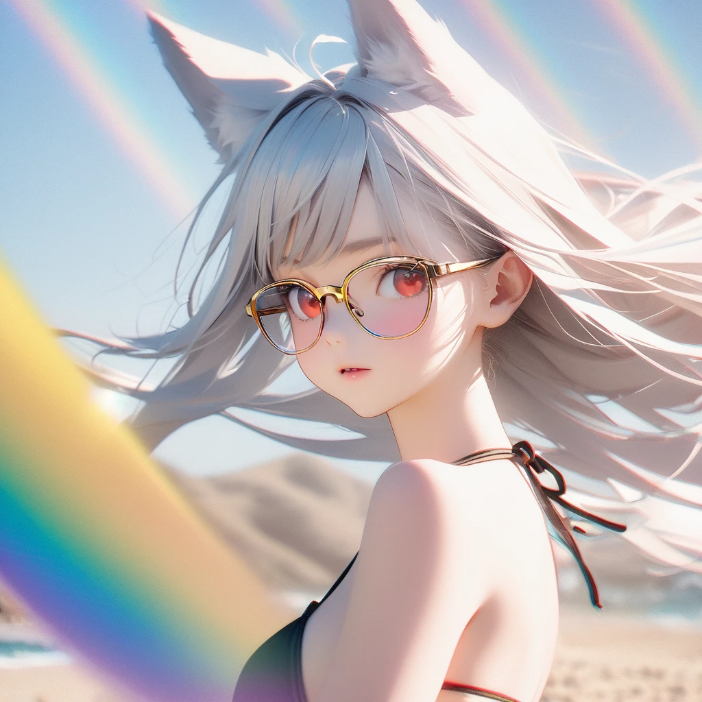 best quality, 8k, original photo, Ridiculous, Extremely detailed, Fox ears,baby face, No makeup, Gentle and focused, slim, Perfect proportion, White straight hair, (wind, wind-effect), Red Eyes, Various visual styles for backgrounds,combines various artistic elements,like a sparkling iridescent rainbow,White Fox Girl,swimsuit,Gold frame glasses