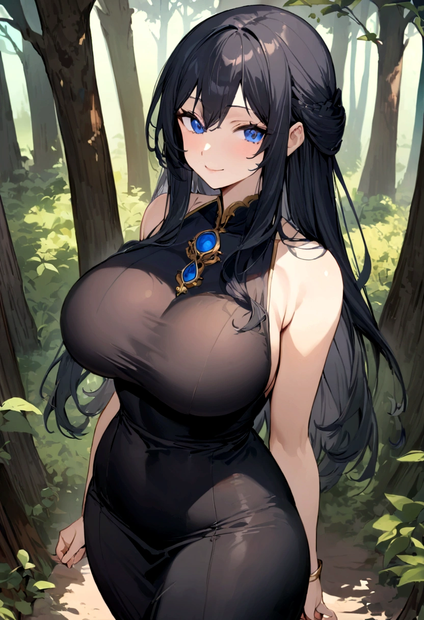 masterpiece, highest quality, Ultra-high resolution, Super detailed, Adult female, Height: 170cm, mature, Age: Around 20 years old, Black Hair, long hair with curled ends, Sapphire blue eyes, Above average breasts, Wide Hips , 1 female, alone, takeda hiromitsu style, smile, Smile, Wearing a formal black dress, Black dress with gold trim, beautiful, forest, wood, Very excited look, Medium height, Noble