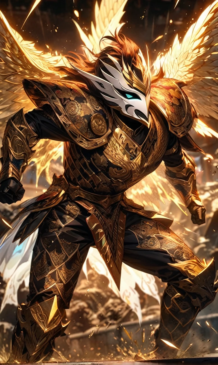 absurdres, highres, ultra detailed, HDR, masterpiece, extremely detailed face and eyes,Indonesian knight,Epic wings,red and white Garuda armor knight , Garuda knight mask, , Indonesia batik pattern , solo, man, handsome, ,, , Epic fight scene, golden splashing effect, golden effect,glowing glitters