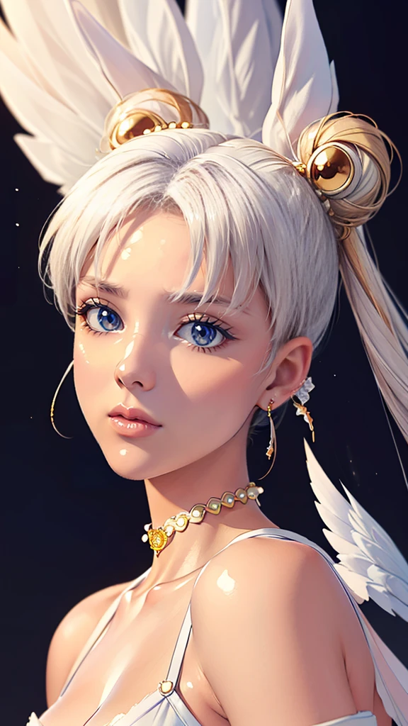 (((Perfect body,White and tender skin,(((Yellow layered skirt Pink puffy sleeves White gloves White boots Wing brooch Red choker Red ribbon Wings Hairpin Red bun cover Golden crescent forehead mark))),(((EternalSM ,Slender and soft golden hair, crystal clear and delicate skin, bright blue big eyes, thin cherry colored lips,,))),((masterpiece)),highres,((Best quality at best)),masterpiece,quality,Best quality,((( Exquisite facial features,Looking at the audience,There is light in the eyes,(((lol,happy))),))),(((Light and shadow,Huge breasts,))),(((Looking at the camera,black background,))))