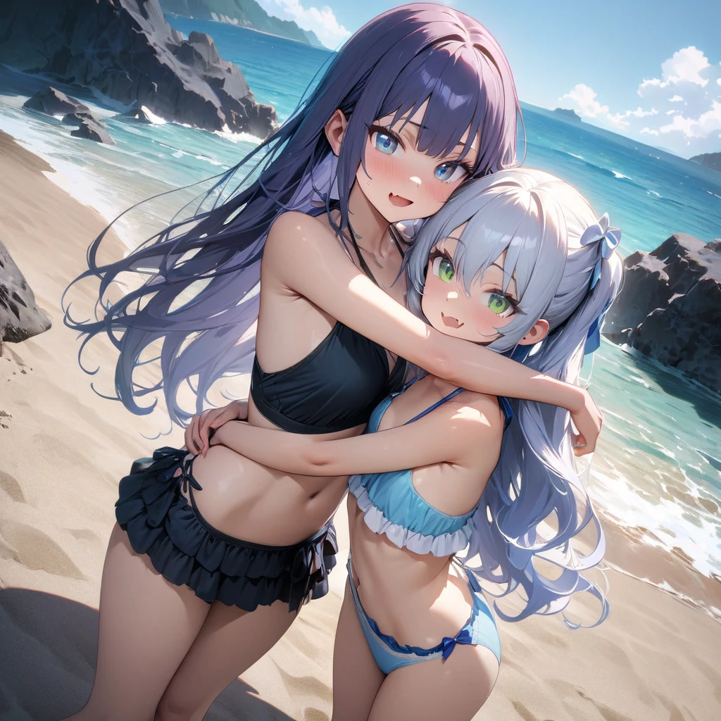 (masterpiece:1.3),(bestquality:1.3),(8k:1.3),(2girls:1.1),(beach:1.3),(cowboy_shot:1.3),(dutch angle:1.3),(from_below:1.2),(fisheye:1.1),(soft clean:1.1),anime visual, (Lovey-dovey:1.5), (tilt head:1.3), extremely delicate face, soft clean focus, realistic lighting and shading, (an extremely delicate and beautiful art:1.3),
BREAK,
(masterpiece:1.3),(bestquality:1.3),(high resolution:1.3),(extremely detailed:1.3),(8k:1.3),(2girls:1.1),(:1.1),ponytail hair and hair between eyes,blue eyes,silver hair,small_breasts,(open mouth:1.1),(grin:1.1),(blue bow:1.1),(frosty blue halterneck bikini:1.2),(frills trim:1.1),(hug each other tight:1.4),beach,
BREAK,
(masterpiece:1.3),(bestquality:1.3),(high resolution:1.3),(extremely detailed:1.3),(8k:1.3),(2girls:1.1),lolieen eyes,blue purple hair, long wavy hair,blunt bangs hair,(skin fang:1.2),small_breasts,(whitebow:1.2),(black halterneck bikini:1.2),(frills trim:1.1),(hug each other tight:1.4),beach,