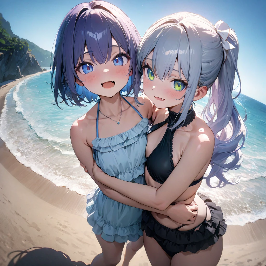 (masterpiece:1.3),(bestquality:1.3),(8k:1.3),(2girls:1.1),(beach:1.3),(cowboy_shot:1.3),(dutch angle:1.3),(from_below:1.2),(fisheye:1.1),(soft clean:1.1),anime visual, (Lovey-dovey:1.5), (tilt head:1.3), extremely delicate face, soft clean focus, realistic lighting and shading, (an extremely delicate and beautiful art:1.3),
BREAK,
(masterpiece:1.3),(bestquality:1.3),(high resolution:1.3),(extremely detailed:1.3),(8k:1.3),(2girls:1.1),(:1.1),ponytail hair and hair between eyes,blue eyes,silver hair,small_breasts,(open mouth:1.1),(grin:1.1),(blue bow:1.1),(frosty blue halterneck bikini:1.2),(frills trim:1.1),(hug each other tight:1.4),beach,
BREAK,
(masterpiece:1.3),(bestquality:1.3),(high resolution:1.3),(extremely detailed:1.3),(8k:1.3),(2girls:1.1),lolieen eyes,blue purple hair, long wavy hair,blunt bangs hair,(skin fang:1.2),small_breasts,(whitebow:1.2),(black halterneck bikini:1.2),(frills trim:1.1),(hug each other tight:1.4),beach,