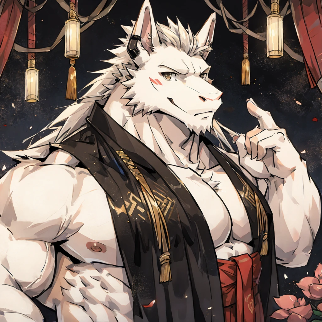 (white eastern dragon),furry,white mustache,big pecs,hearty males,muscular,black imperial robe,adult,traditional_chinese_room,head portrait