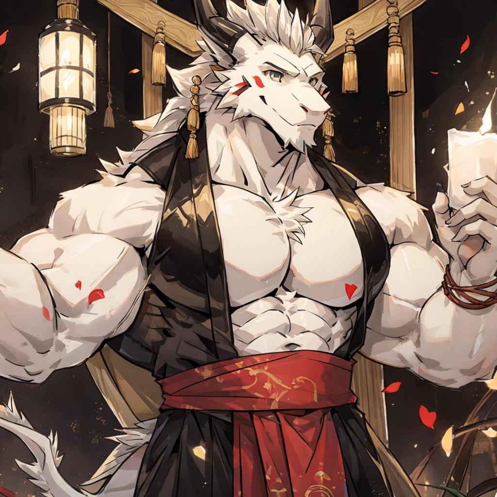 (white eastern dragon),furry,white mustache,big pecs,hearty males,muscular,black imperial robe,adult,traditional_chinese_room,head portrait