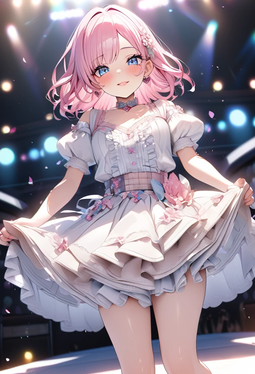 One Girl、Staring at the audience、
Beautiful Blue Eyes、Short pink hair、Mole under the eye、Plump and glossy lips、Heart-shaped choker、Idol、smile、ー、。。。。。。。。。。。。。。。。。。。。。。。。。。。。。。。。3D、Real、
Princess dress with too many frills、Short skirt、Draped clothes、gem、The decoration has been removed、Floral、Lace trim、Bright Stage、
masterpiece、highest quality、8k、Detailed skin texture、Detailed cloth texture、Beautifully detailed face、Intricate details、Very detailed、
Ultra-high resolution、8K Ultra HD、Film Grain、Best Shadow、delicate、Staring at the audience、front