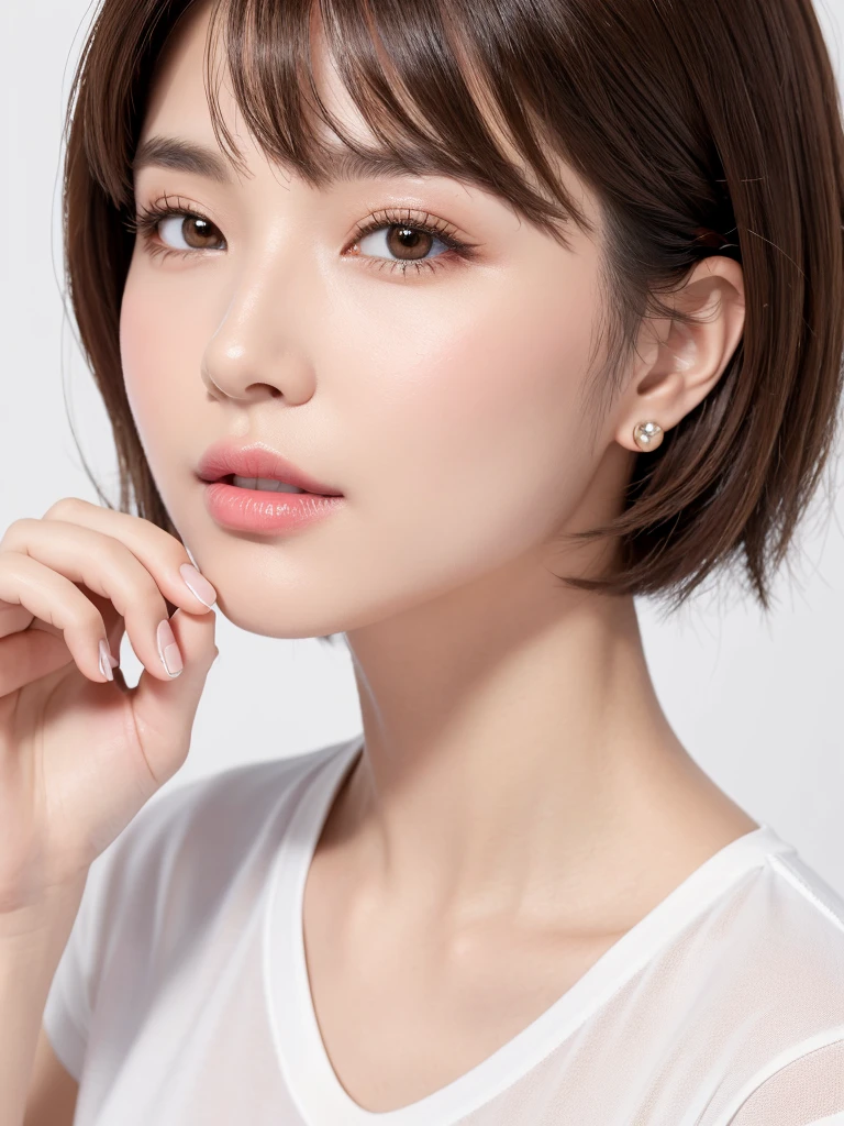 (highest quality、Tabletop、8k、Best image quality、Award-winning works)、((profile))、Look Down、ear、((short hair:1.46)),(Brown Hair)、(White casual shirt:1.2)、(The simplest pure white background:1.3)、(Perfectly fixed in front:1.1),(Portrait with space:1.2)、Beautiful and detailed、Perfect Makeup、Ultra-high definition beauty face、Ultra HD Hair、Ultra-high definition sparkling eyes、Ultra-high quality glossy lips、Accurate anatomy、Very beautiful skin、(Pure white skin shining in ultra-high resolution:1.1)、(Very bright:1.2),Big Natural Color Lip、Lip gloss,Harajuku、cute、cute美人