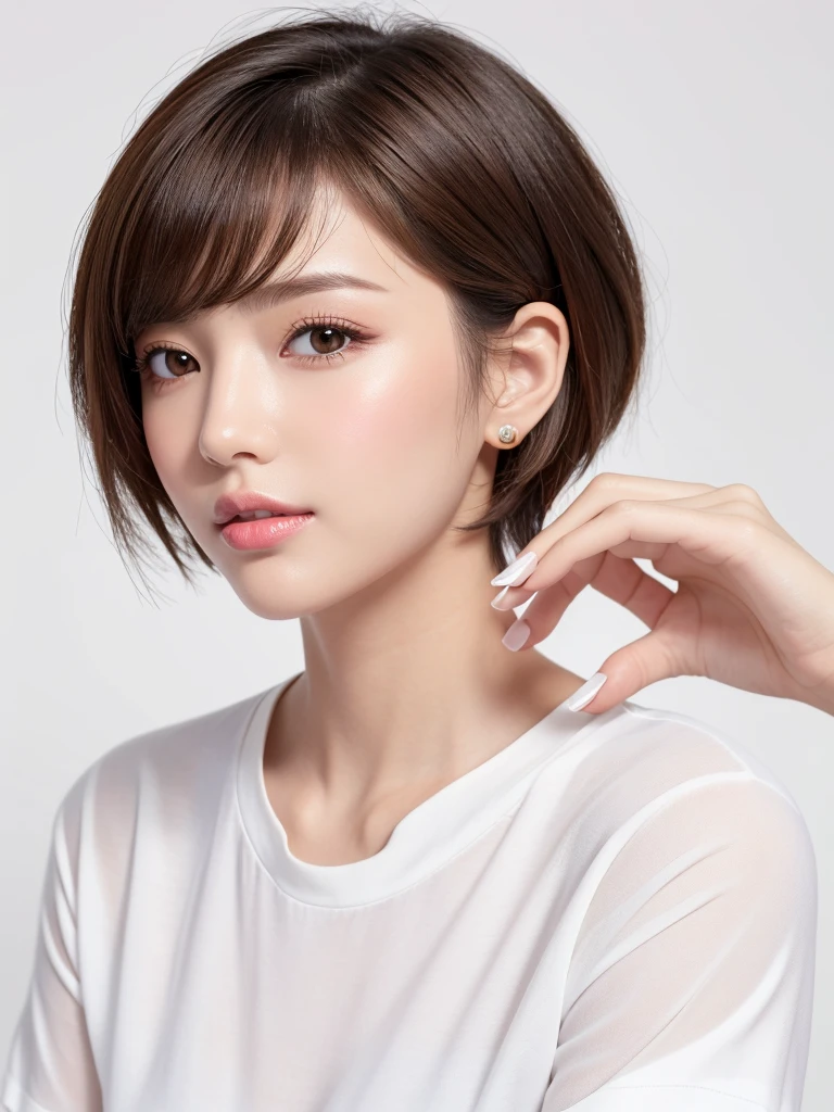 (highest quality、Tabletop、8k、Best image quality、Award-winning works)、((profile))、Look Down、ear、((short hair:1.46)),(Brown Hair)、(White casual shirt:1.2)、(The simplest pure white background:1.3)、(Perfectly fixed in front:1.1),(Portrait with space:1.2)、Beautiful and detailed、Perfect Makeup、Ultra-high definition beauty face、Ultra HD Hair、Ultra-high definition sparkling eyes、Ultra-high quality glossy lips、Accurate anatomy、Very beautiful skin、(Pure white skin shining in ultra-high resolution:1.1)、(Very bright:1.2),Big Natural Color Lip、Lip gloss,Harajuku、cute、cute美人