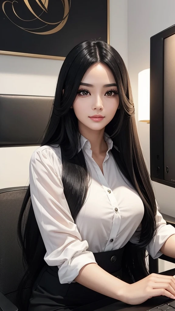 Create a beautiful woman with long black hair with a strong oval face that shows that she has overcome difficulties who is in her very luxurious office, aware of all the staff who work there.