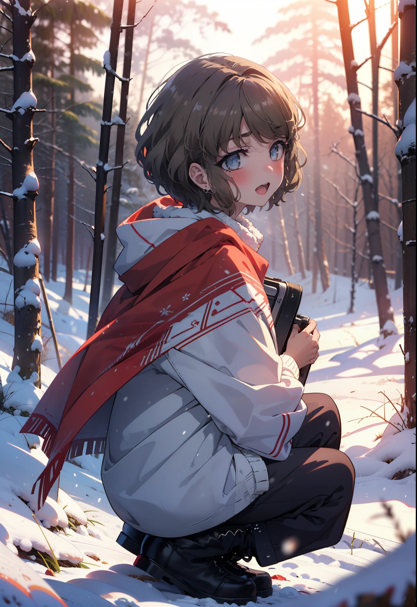 tomoekoga, Chie Koga, short hair, Brown Hair, blue eyes, hair band,smile,blush,White Breath,Mid-chest,
Open your mouth,snow,Ground bonfire, Outdoor, boots, snowing, From the side, wood, suitcase, Cape, Blurred, having meal, forest, White handbag, nature,  Squat, Mouth closed, Cape, winter, Written boundary depth, Black shoes, red Cape break looking at viewer, Upper Body, whole body, break Outdoor, forest, nature, break (masterpiece:1.2), highest quality, High resolution, unity 8k wallpaper, (shape:0.8), (Beautiful and beautiful eyes:1.6), Highly detailed face, Perfect lighting, Highly detailed CG, (Perfect hands, Perfect Anatomy),