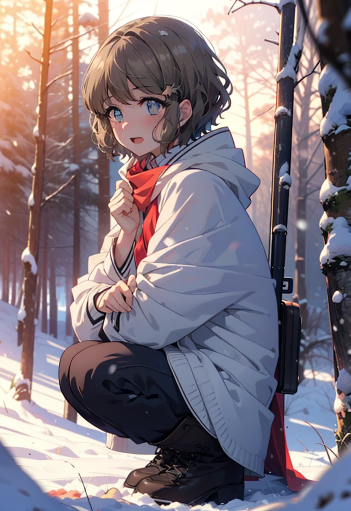 tomoekoga, Chie Koga, short hair, Brown Hair, blue eyes, hair band,smile,blush,White Breath,Mid-chest,
Open your mouth,snow,Ground bonfire, Outdoor, boots, snowing, From the side, wood, suitcase, Cape, Blurred, having meal, forest, White handbag, nature,  Squat, Mouth closed, Cape, winter, Written boundary depth, Black shoes, red Cape break looking at viewer, Upper Body, whole body, break Outdoor, forest, nature, break (masterpiece:1.2), highest quality, High resolution, unity 8k wallpaper, (shape:0.8), (Beautiful and beautiful eyes:1.6), Highly detailed face, Perfect lighting, Highly detailed CG, (Perfect hands, Perfect Anatomy),