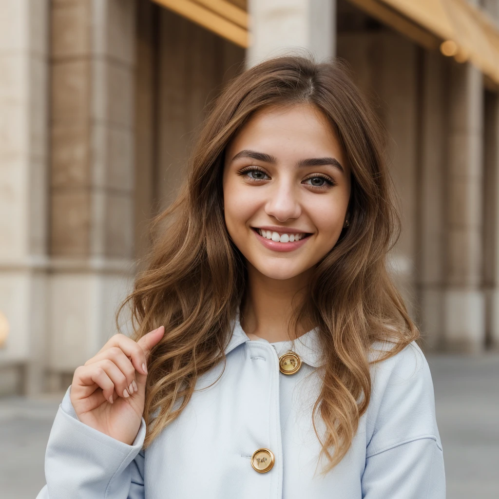 one cute women, 22YO, white, Arab, cute face, realistic brown eyes, blue jacket, blonde/brown hair, cute smile, skinny face, white realistic teethes, big eyes, long hair, no hands
