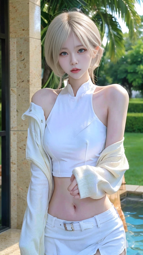 Beautiful woman,Have a perfect body:1.4,Layered Hairstyle,Visible ,Bikini:1.5,Super rt pleated skirt,whole body,Highly detailed face and skin textures,Double eyelids,Skin Whitening,Long white hair