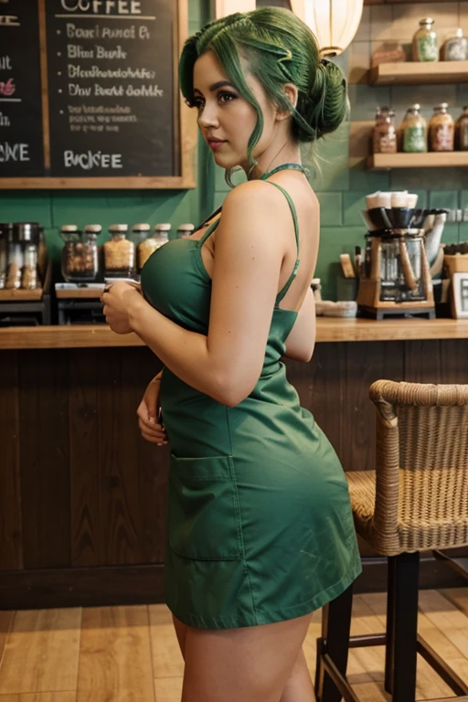 Cool beauty，Looks sweet，(updo, green hair), only wearing dark green starbucks apron, off-shoulders, show clavage, show big thigh, plump body, huge breast, full body photo, standing pose. Side view. In coffee shop