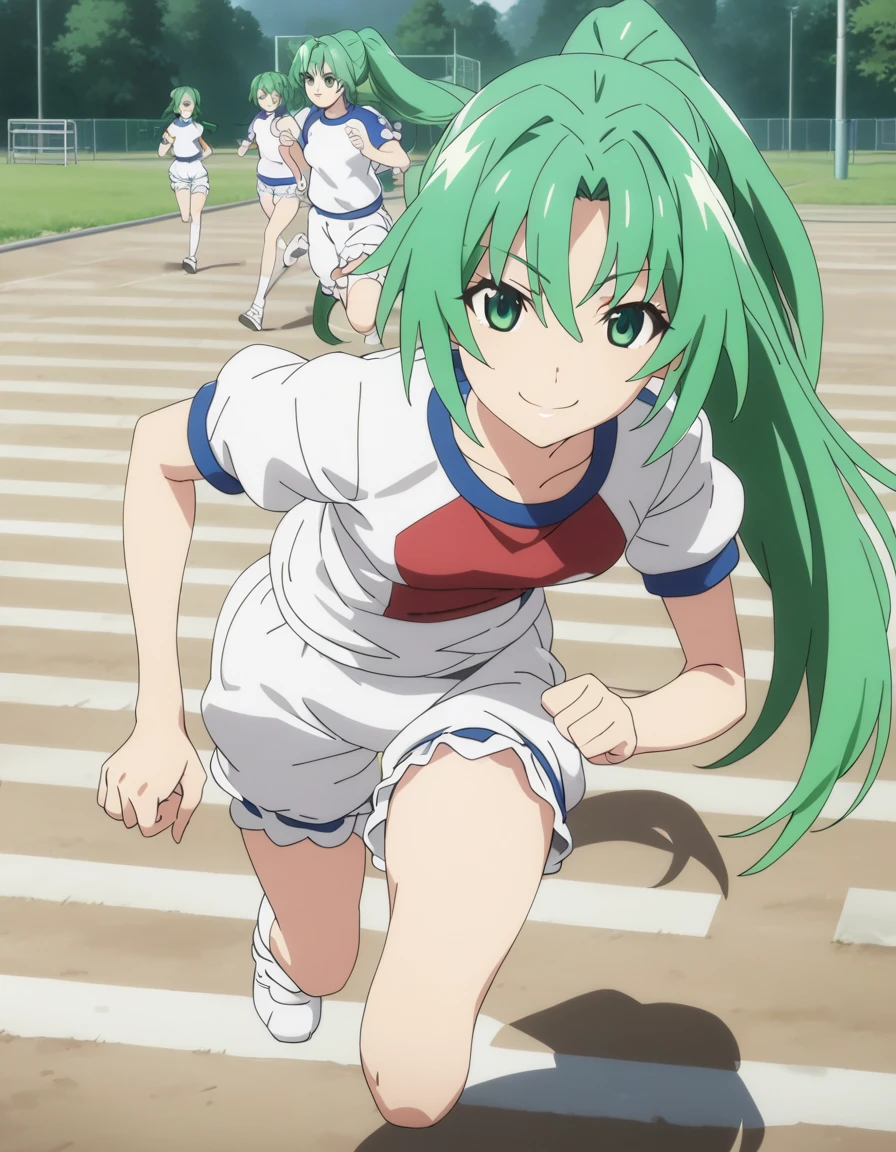 One girl,
sonozakimion,
Green Eyes,Green Hair,Long Hair,ponytail,
Gym suit,Bloomers,
smile,
Schoolyard,
Run,
masterpiece, highest quality, Super detailed, High resolution,4K,(Super detailed:1.4) (figure:0.5), (Ray Tracing,:0.8),(Anime Color:0.7),(AI-generated:0.5), (Anime screenshots:1.2),