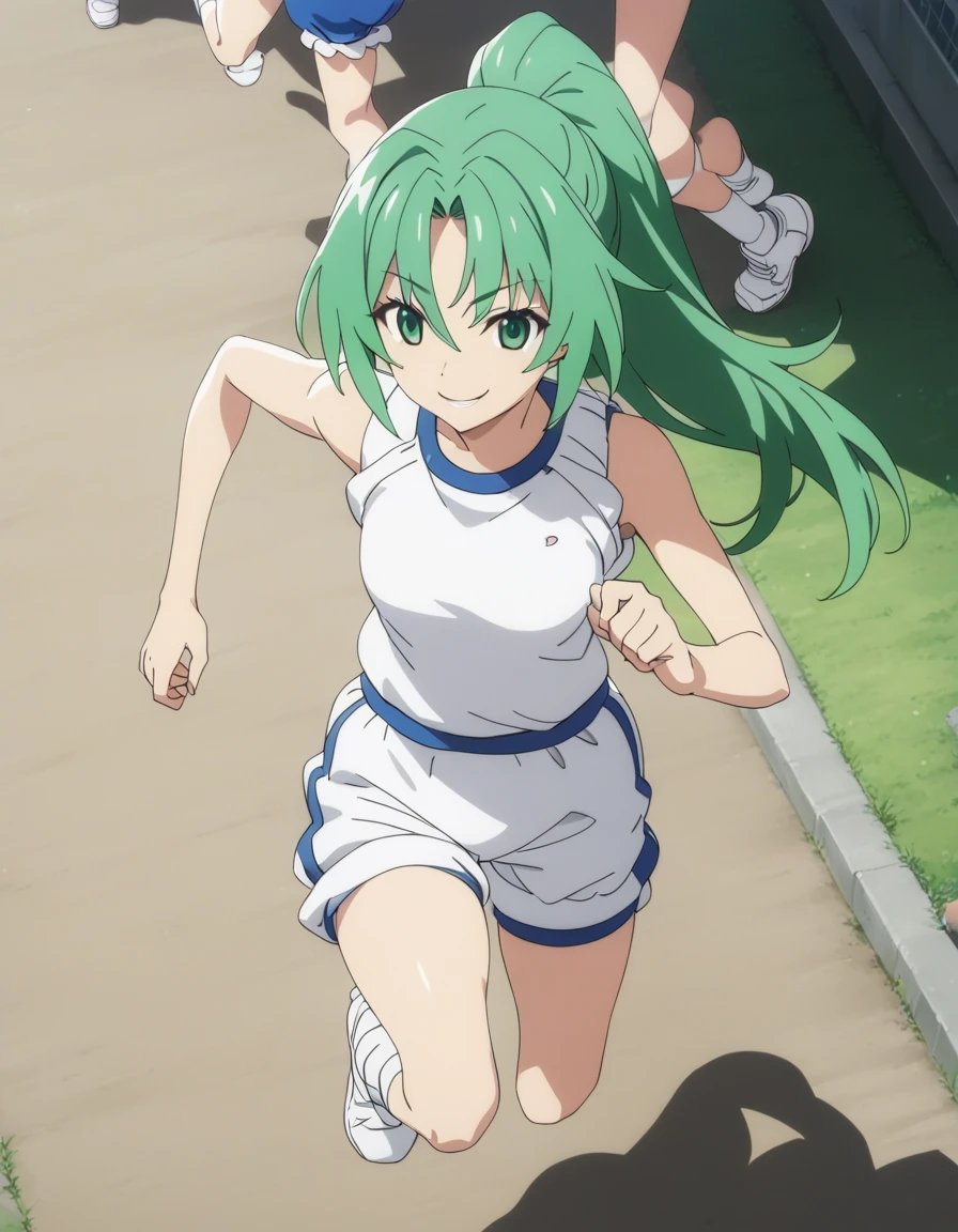 One girl,
sonozakimion,
Green Eyes,Green Hair,Long Hair,ponytail,
Gym suit,Bloomers,
smile,
Schoolyard,
Run,
masterpiece, highest quality, Super detailed, High resolution,4K,(Super detailed:1.4) (figure:0.5), (Ray Tracing,:0.8),(Anime Color:0.7),(AI-generated:0.5), (Anime screenshots:1.2),