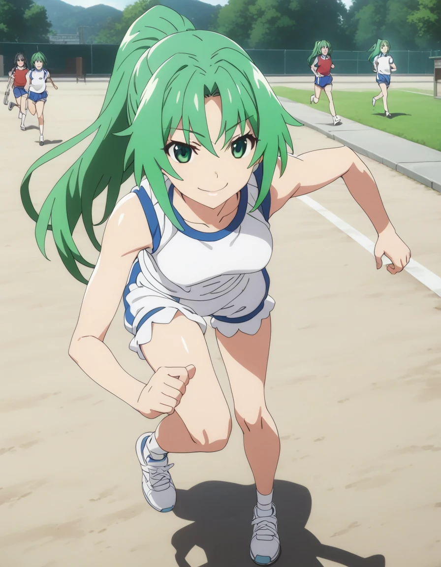 One girl,
sonozakimion,
Green Eyes,Green Hair,Long Hair,ponytail,
Gym suit,Bloomers,
smile,
Schoolyard,
Run,
masterpiece, highest quality, Super detailed, High resolution,4K,(Super detailed:1.4) (figure:0.5), (Ray Tracing,:0.8),(Anime Color:0.7),(AI-generated:0.5), (Anime screenshots:1.2),