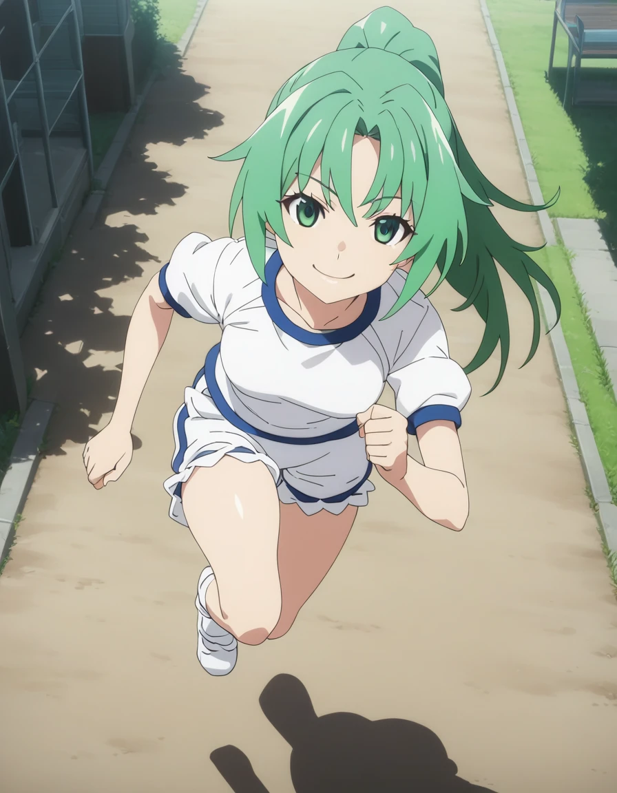 One girl,
sonozakimion,
Green Eyes,Green Hair,Long Hair,ponytail,
Gym suit,Bloomers,
smile,
Schoolyard,
Run,
masterpiece, highest quality, Super detailed, High resolution,4K,(Super detailed:1.4) (figure:0.5), (Ray Tracing,:0.8),(Anime Color:0.7),(AI-generated:0.5), (Anime screenshots:1.2),