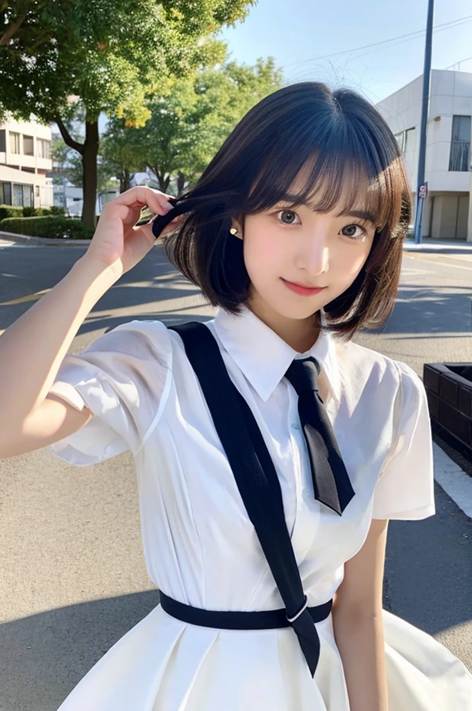 An 18-year-old high school girl wearing a white dress shirt and super miniskirt uniform.(black short bob)