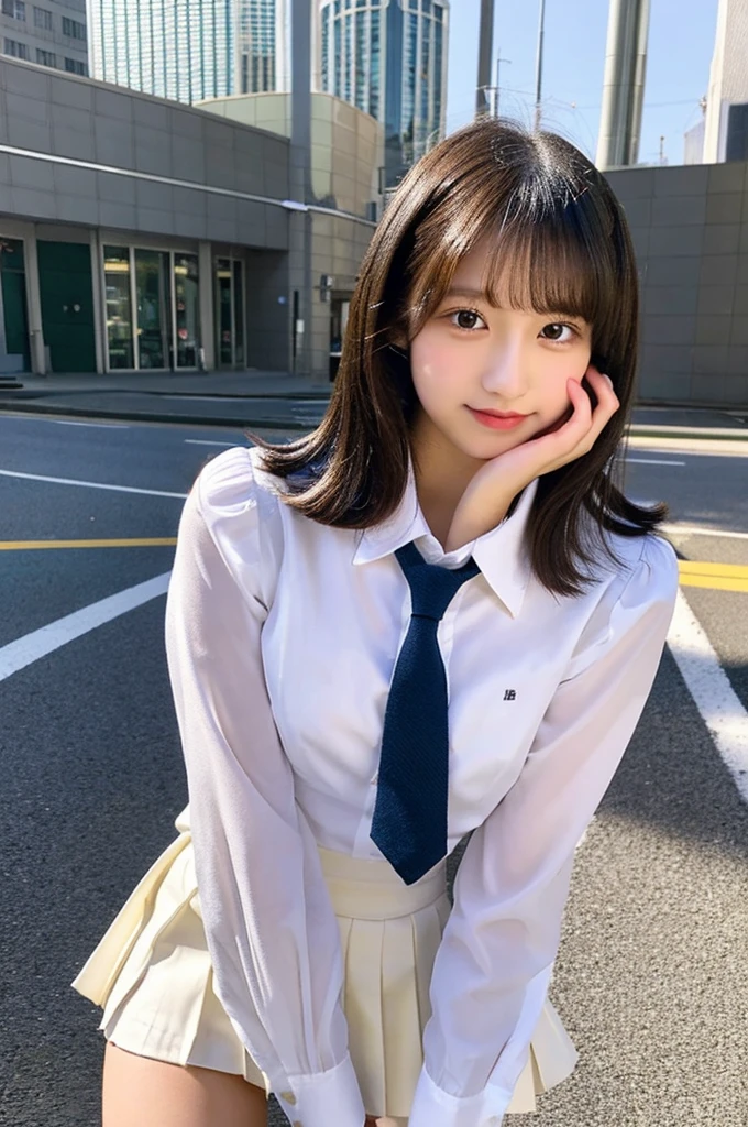 An 18-year-old high school girl wearing a white dress shirt and super miniskirt uniform.(black short bob)