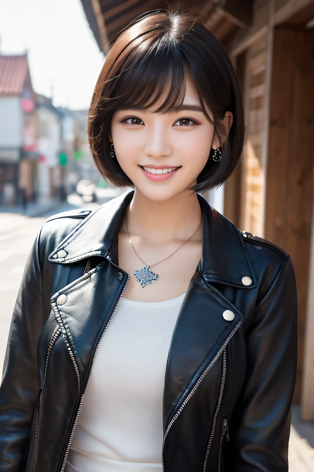 Beautiful young woman of the year、 Korean women、Black Hair、Short Haircut、Necklace around the neck、leather jacket、shirt、smile, Beautiful teeth alignment、Intricate details, Very detailed:1.2), 、 Looking into the camera,The background is the town、Ear piercing、hair band