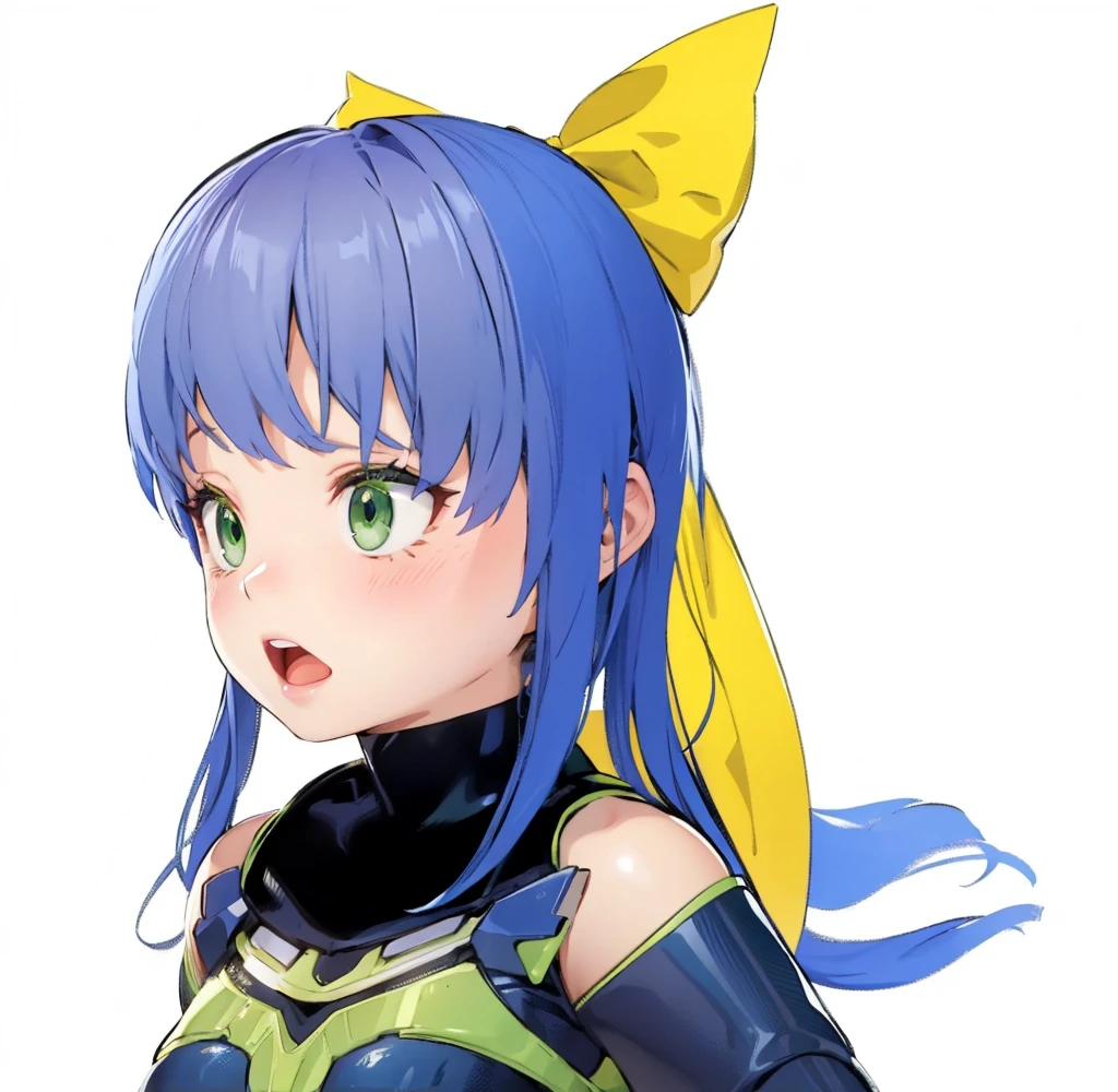 beautiful girl,shout,shock,Watery eye,Green Eyes,Blue Hair,Yellow ribbon,ponytail,Bodysuits,4k,8k,highest quality