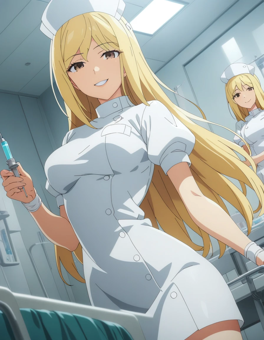 One girl,
takanomiyo,
Blonde Hair,Long Hair,Brown eyes,
nurse,nurse cap,
Wicked Smile,
receive an injection,
hospital,
Dynamic Angle,
masterpiece, highest quality, Super detailed, High resolution,4K,(Super detailed:1.4) (figure:0.5), (Ray Tracing,:0.8),(Anime Color:0.7),(AI-generated:0.5), (Anime screenshots:1.2),