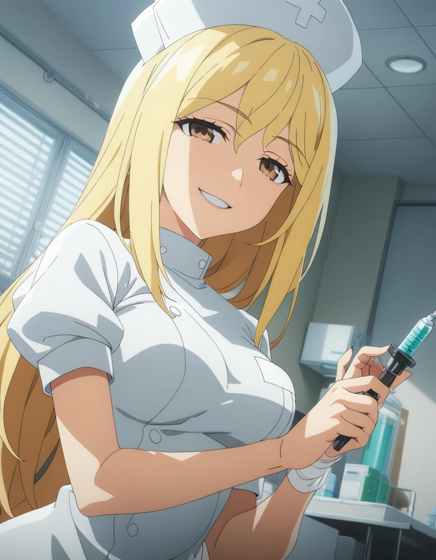 One girl,
takanomiyo,
Blonde Hair,Long Hair,Brown eyes,
nurse,nurse cap,
Wicked Smile,
receive an injection,
hospital,
Dynamic Angle,
masterpiece, highest quality, Super detailed, High resolution,4K,(Super detailed:1.4) (figure:0.5), (Ray Tracing,:0.8),(Anime Color:0.7),(AI-generated:0.5), (Anime screenshots:1.2),