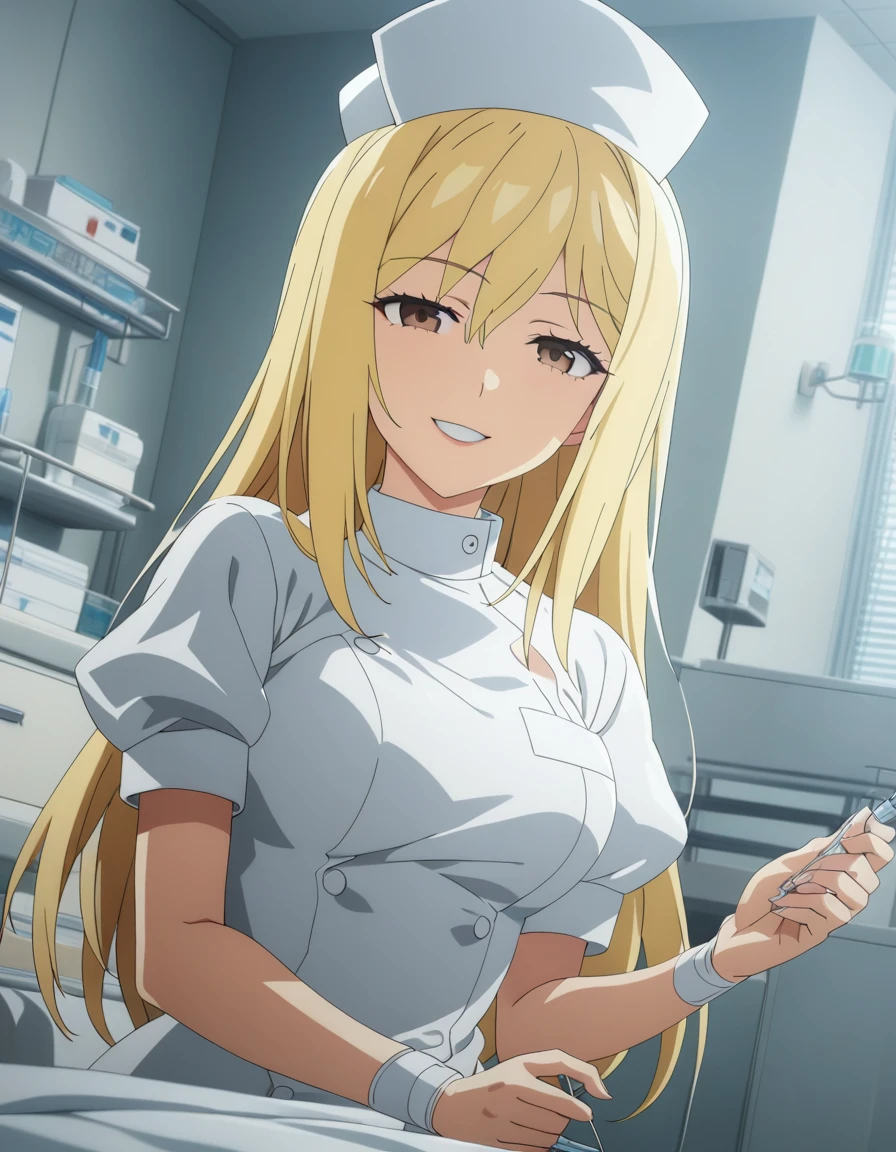 One girl,
takanomiyo,
Blonde Hair,Long Hair,Brown eyes,
nurse,nurse cap,
Wicked Smile,
receive an injection,
hospital,
Dynamic Angle,
masterpiece, highest quality, Super detailed, High resolution,4K,(Super detailed:1.4) (figure:0.5), (Ray Tracing,:0.8),(Anime Color:0.7),(AI-generated:0.5), (Anime screenshots:1.2),